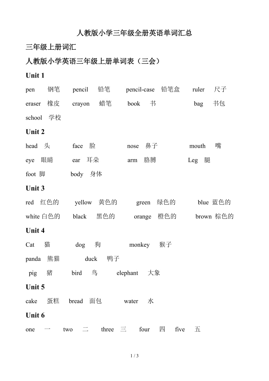 人教版小学三年级全册英语单词汇总精编