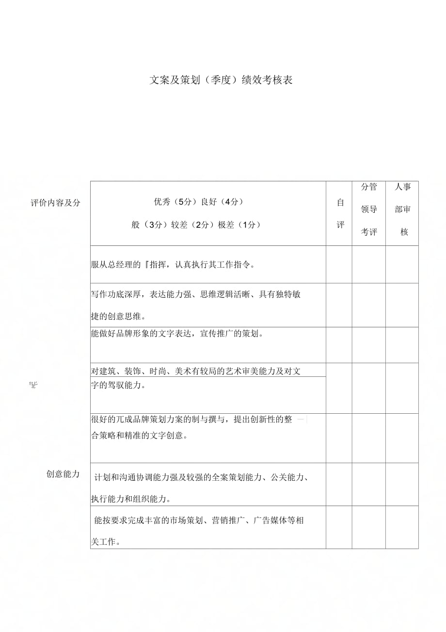 文案策划绩效考核表