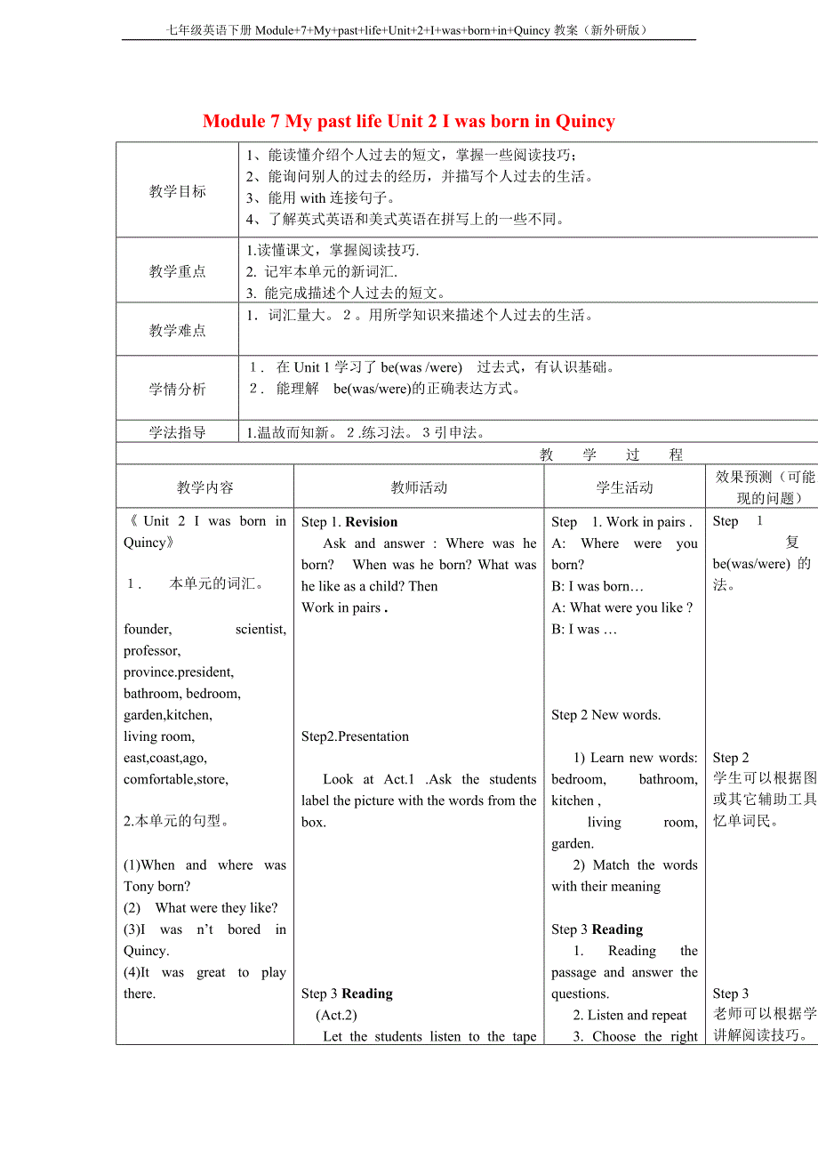 七年级英语下册module7mypastlifeunit2iwasborninquincy教案新外研