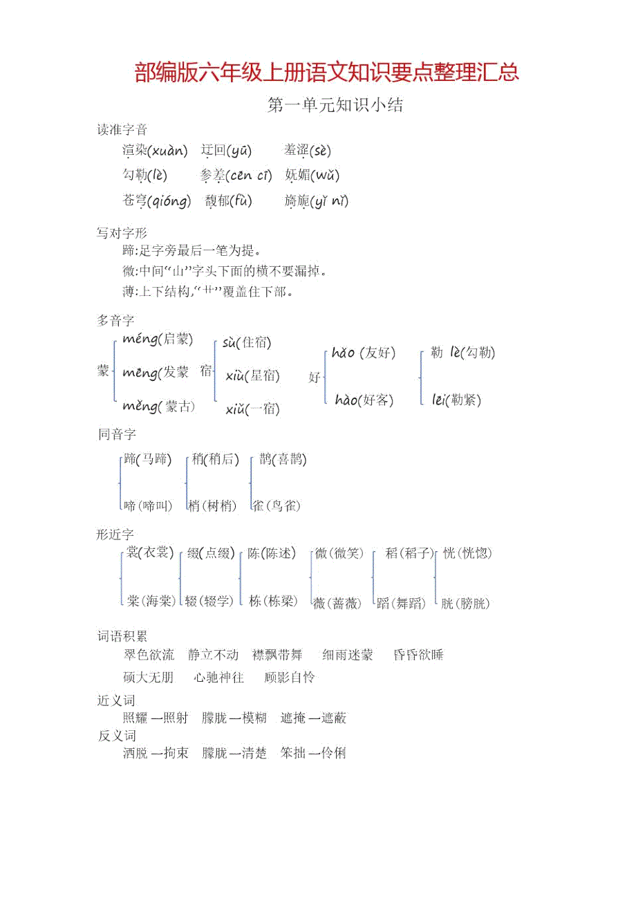 部编版六年级上册语文知识要点整理汇总