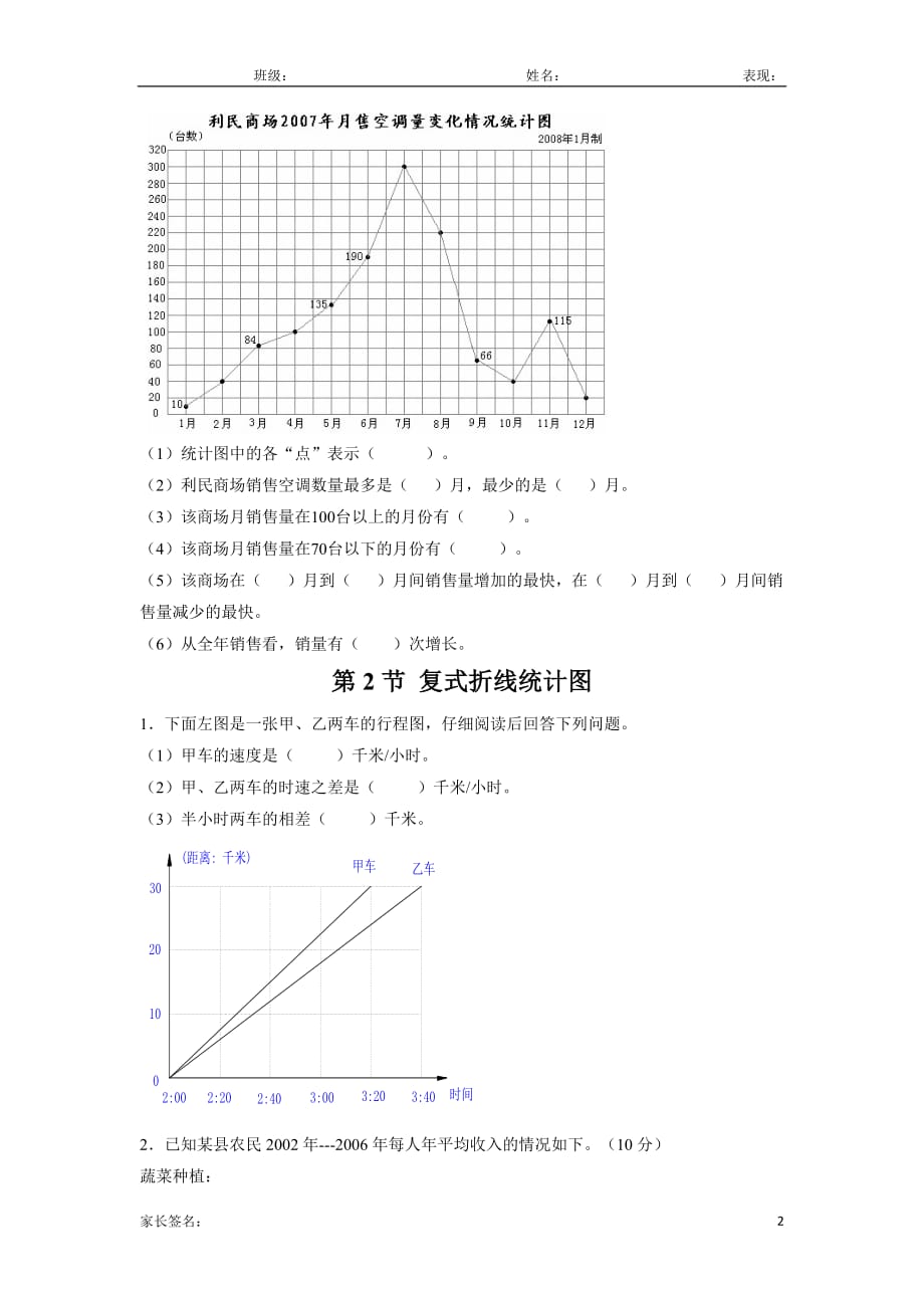 苏教版五年级数学下册折线统计图练习题4页