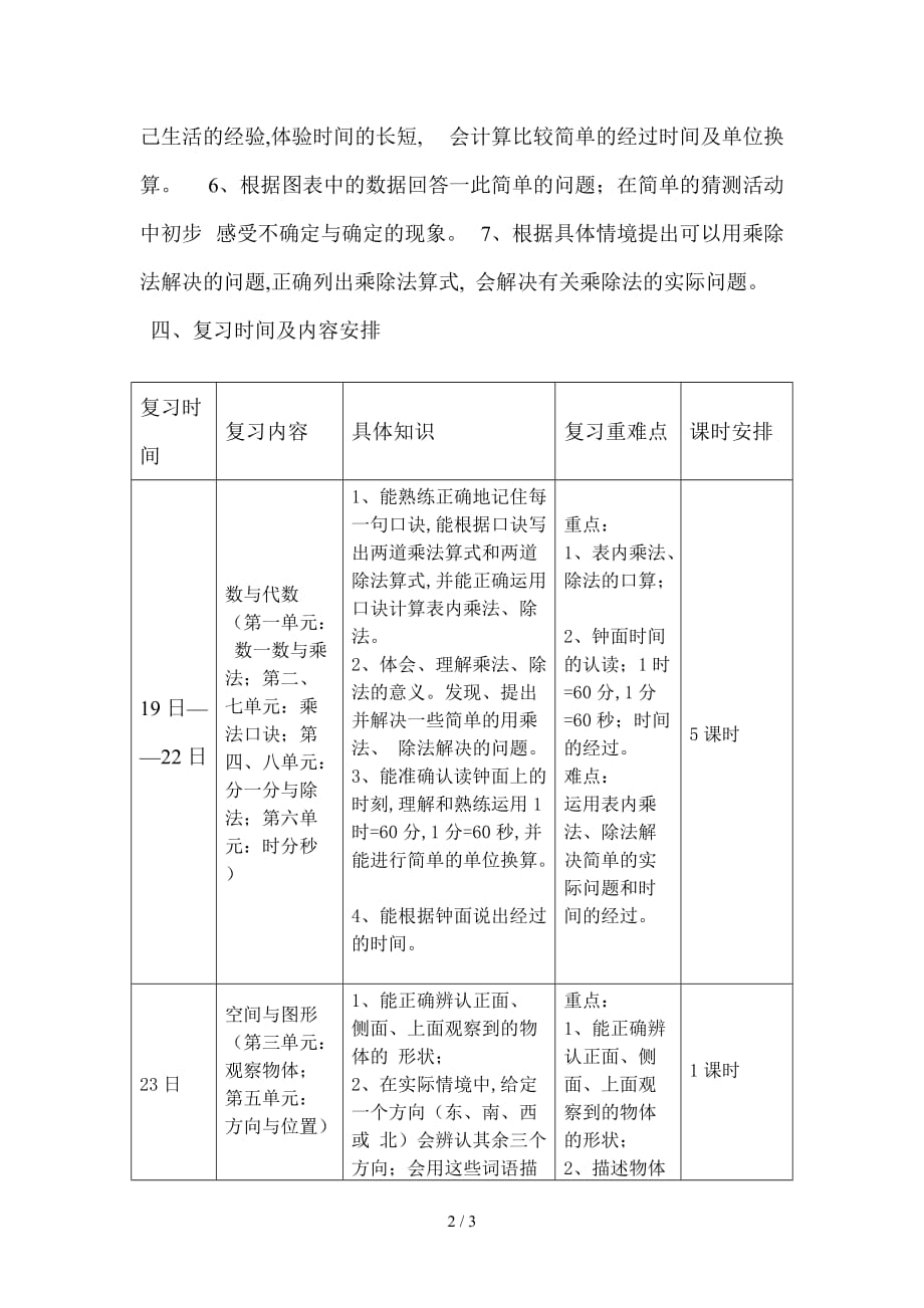 北师大版数学二年级上册期末复习计划精编