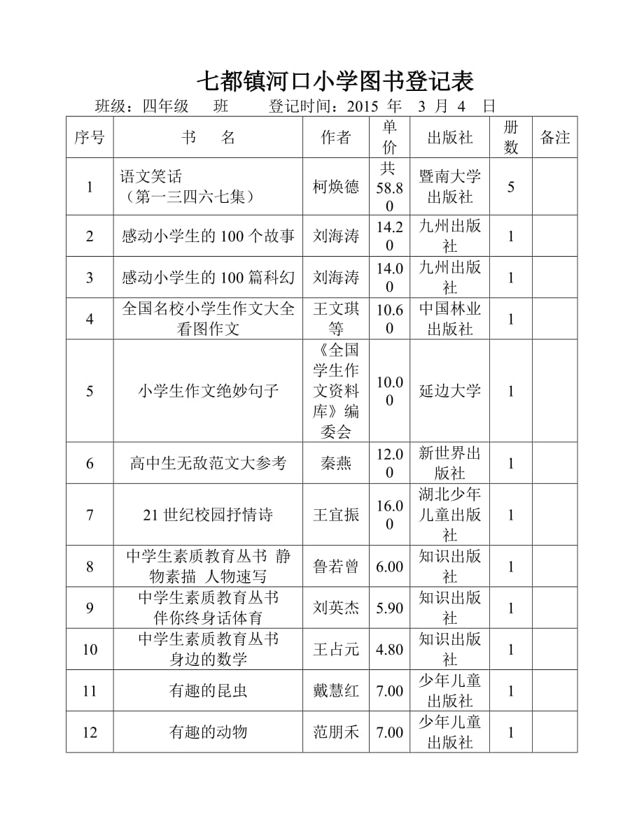 班级图书登记表6页