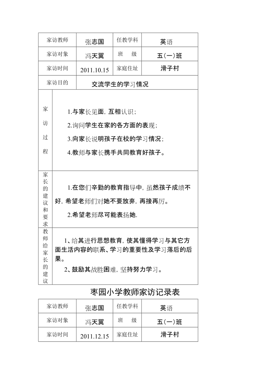 棗園小學教師家訪記錄表6頁