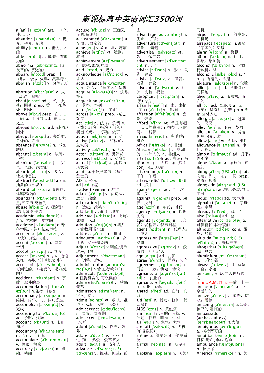 高中英语词汇3500词带音标总26页