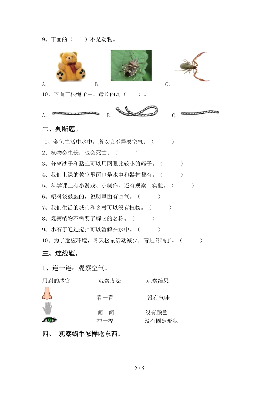 人教版一年级科学上册期末考试题精选